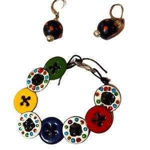 Metal mock button bracelet wood bead earrings